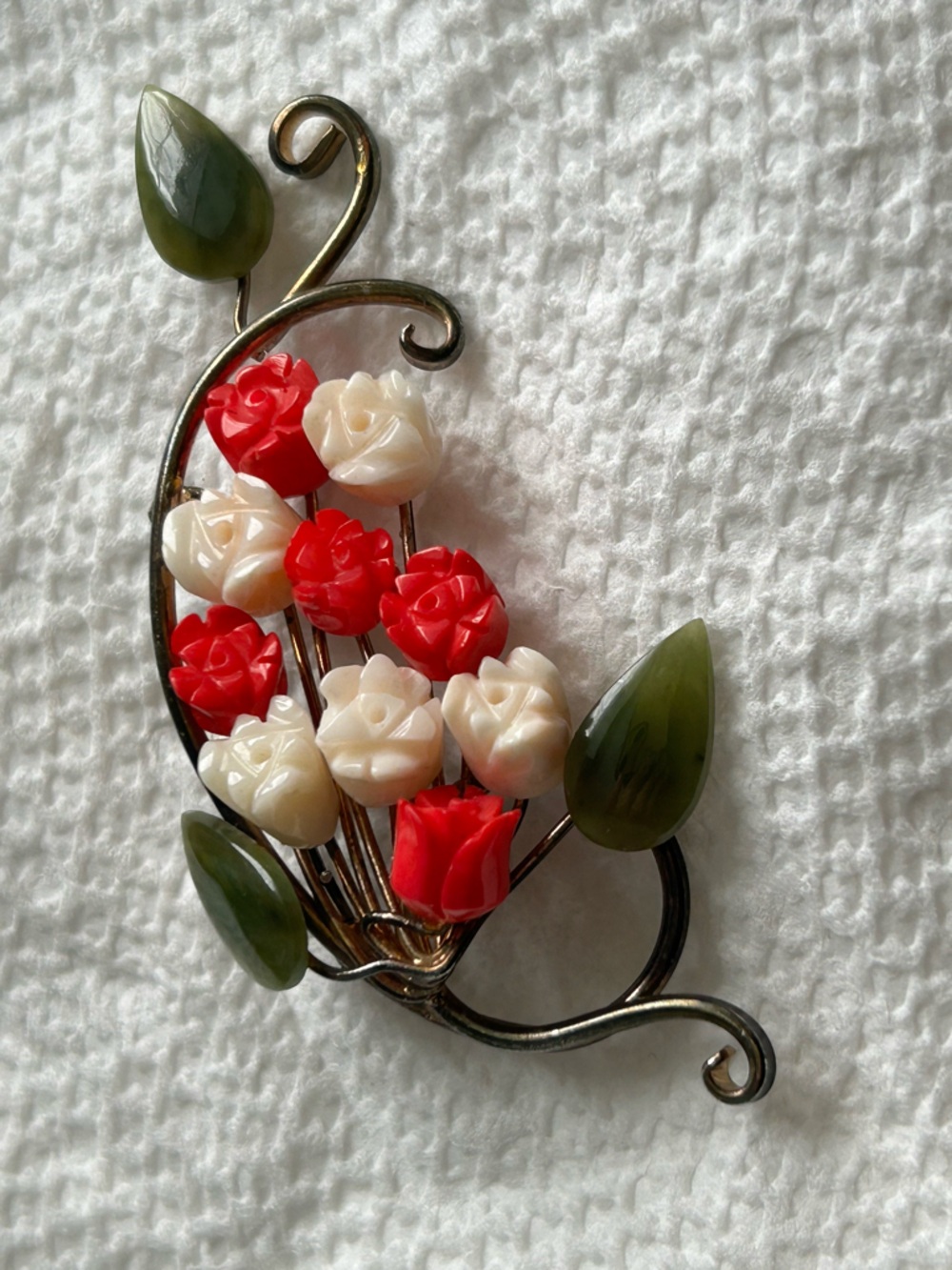 Vintage Bouquet of Carved Coral Flowers
Jade Cabochon Leaves Brooch Pin